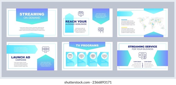 Streaming on demand presentation templates set. VOD platform. Subscription-based business model. Digital media. Ready made PPT slides on white background. Graphic design. Arial, Myriad Pro fonts used