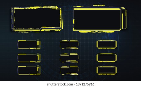 Streaming panel overlay design template. Set of yellow gaming panels and overlays for cybersport streamers in futuristic style. Vector Illustration