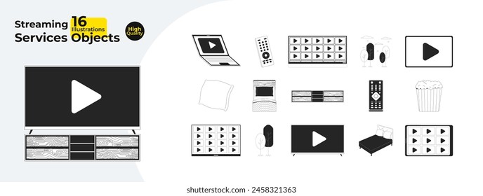 Plataforma de streaming viendo en blanco y negro 2D línea de dibujos animados objetos de Paquete. Noche de la fecha de la película en casa aislado de los elementos del contorno del Vector colección. Video Gadgets