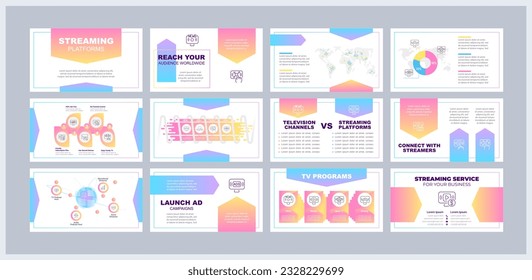 Streaming platforms presentation templates set. Video distribution network. Online media. Live TV. Ready made PPT slides on white background. Graphic design. Arial, Myriad Pro fonts used