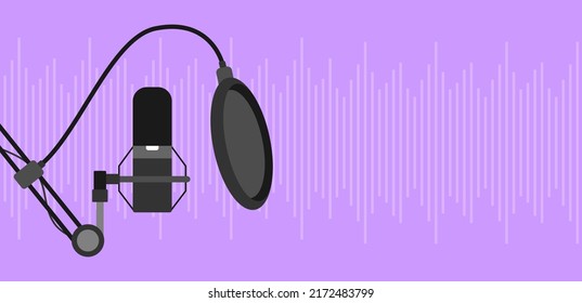 Streaming podcast studio microphone on purple background with sound waves and copy space. Flat vector illustration 

