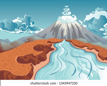Streaming river in the rocks and big volcano background.