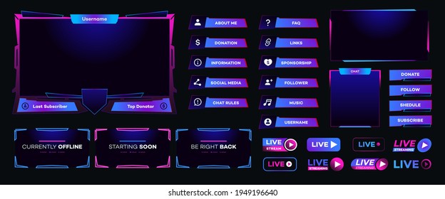 Streaming screen panel overlay design template neon theme. Live video, online stream futuristic technology style. Abstract digital user interface. Live streaming button. Vector 10 eps