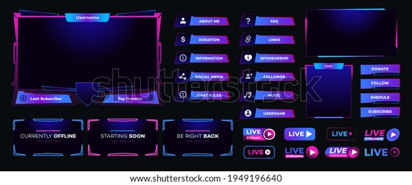 Streaming\
screen panel overlay design template neon theme. Live video, online\
stream futuristic technology style. Abstract digital user\
interface. Live streaming button. Vector 10\
eps