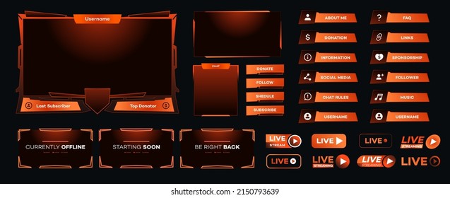 Streaming screen panel overlay game design template neon theme. Live video, online stream futuristic technology style. Abstract digital user interface. Live streaming button. Vector 10 eps