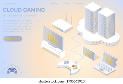 Ilustración vectorial isométrica del concepto de videojuegos en nube de servicios de streaming