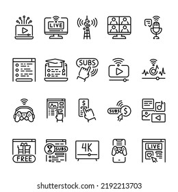 Streaming service color line icons set. Signs for web page, mobile app, button. Editable stroke.