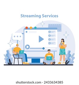 Streaming Service Concept. Dynamic content delivery and interactive media platforms. Users engaging with video streaming online. Personalized digital entertainment. Flat vector illustration.