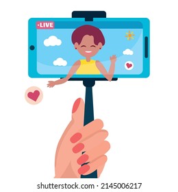 Streaming service concept Hand holding a cellphone on a live Vector