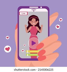 Streaming service concept Hand holding a cellphone while doing a live Vector