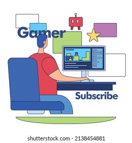 Streaming service concept image man streaming videogames on computer Vector