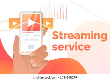 Streaming service poster template. Hand holding mobile phone with play button and audio wave. Media concept. Vector illustration can be used for broadcasting, audio content, video app