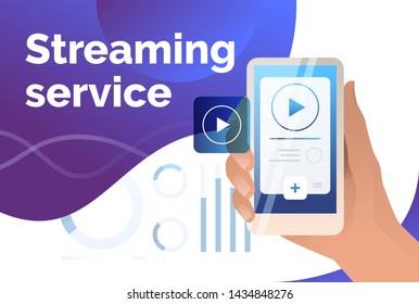 Streaming service presentation slide template. Hand holding smartphone with player interface. Watching video concept. Vector illustration can be used for broadcasting and livestream