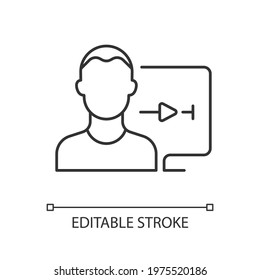 Streaming service user account linear icon. Watching video at home. Account for personal use. Thin line customizable illustration. Contour symbol. Vector isolated outline drawing. Editable stroke