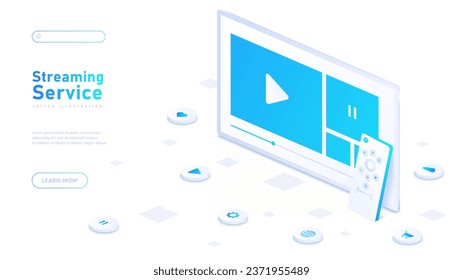 Streaming service white banner. Video hosting with interesting content. Webpage and social networks. Movies, films and tv series. Landing page design. Isometric vector illustration