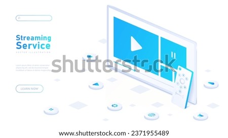 Streaming service white banner. Video hosting with interesting content. Webpage and social networks. Movies, films and tv series. Landing page design. Isometric vector illustration