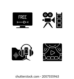 Streaming services black glyph icons set on white space. Free trial option. Retro channel. Podcasts library. Premiere. Free one-month service. Silhouette symbols. Vector isolated illustration