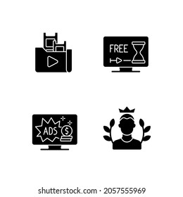 Streaming services black glyph icons set on white space. Media content. Free trial option. Ad-supported subscription plan. Premium subscriber. Silhouette symbols. Vector isolated illustration