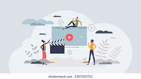 Streaming services with cinema or movie playing website tiny person concept. Digital media broadcasting player with live entertainment content vector illustration. Television and filming process.