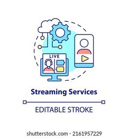 Streaming Services Concept Icon. Business And Entertainment. Digital First Service Abstract Idea Thin Line Illustration. Isolated Outline Drawing. Editable Stroke. Arial, Myriad Pro-Bold Fonts Used