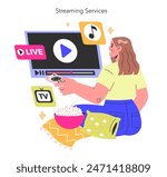 Streaming Services concept Relaxed user curates personal entertainment from live streams to music with a remote in hand Homely digital leisure vibes Vector illustration