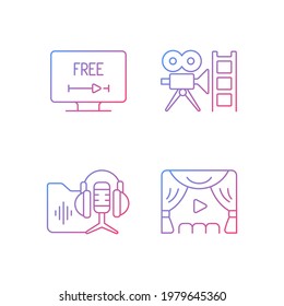 Streaming services gradient linear vector icons set. Free trial option. Retro channel. Podcasts library. Premiere. Thin line contour symbols bundle. Isolated vector outline illustrations collection