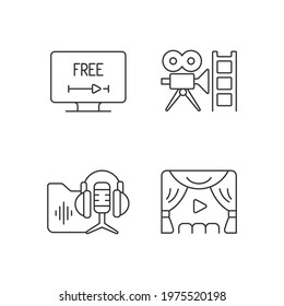 Streaming services linear icons set. Free trial option. Retro channel. Podcasts library. Premiere. Customizable thin line contour symbols. Isolated vector outline illustrations. Editable stroke