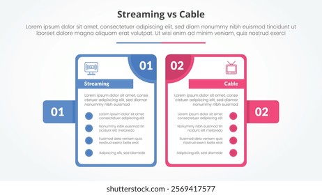 streaming services vs cable comparison opposite infographic concept for slide presentation with big outline table and badge on side with flat style vector