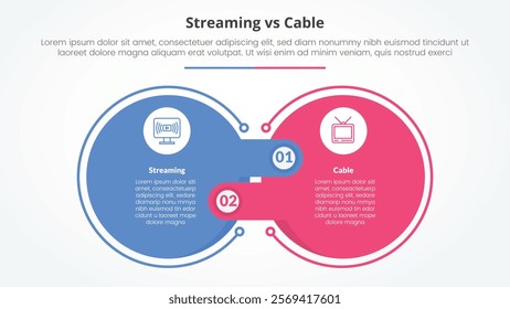 streaming services vs cable comparison opposite infographic concept for slide presentation with big outline circle and offside box rectangle with flat style vector