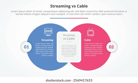 streaming services vs cable comparison opposite infographic concept for slide presentation with big circle with round rectangle box with flat style vector
