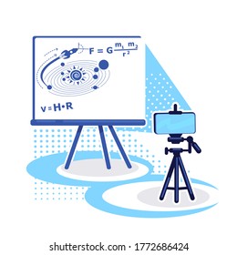 Streaming setup for e learning flat color vector object. Internet broadcast of astronomy lesson. Online class on physics isolated cartoon illustration for web graphic design and animation