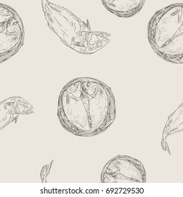 Streaming short mackerel in a basket , hand drawn sketch pattern seamless vector.