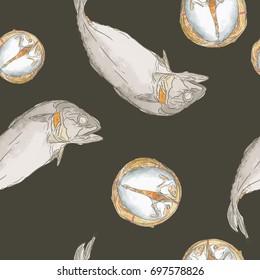 Streaming short mackerel in a basket , hand drawn sketch pattern seamless vector.