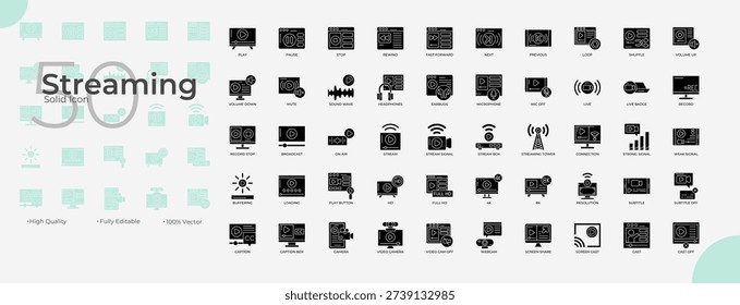 Streaming Solid Editable Icons set