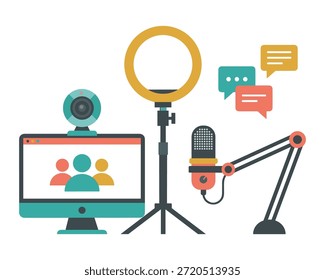 Ilustración vectorial de herramientas de estudio de streaming. Micrófono de Profesional con luz de anillo y monitor de ordenador para grabar webinars y charlar.