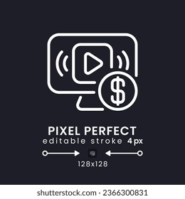Streaming subscription plans white linear desktop icon on black. Premium content. Ad-free viewing. Pixel perfect 128x128, outline 4px. Isolated user interface symbol for dark theme. Editable stroke
