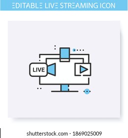 Icono de línea de tecnologías de transmisión. Transmisión de video en línea. Internet de las cosas. Blogueo y transmisión. Transmisión por Internet, contenido, video comercial. Ilustración vectorial aislada. Trazo editable 