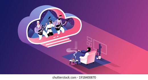 Streaming television. Isometric illustration explaining how cloud computing and online communication are expanding our consumption and interactive entertainment experience.