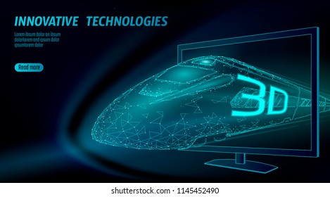 Streaming TV 3D vision low poly watch online. Modern high-speed bullet rail business concept. Dark blue polygonal triangle dots innovation augmented reality home cinema vector illustration