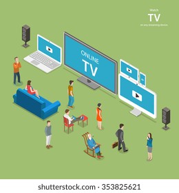 Streaming TV isometric flat low poly vector illustration. People watch online TV on different internet-enabled devices like PC, laptop, TV set tablet, smartphone.