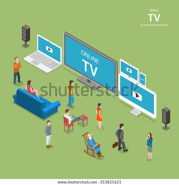ストリーミングテレビアイソメ平低ポリベクターイラスト Pc ノートパソコン テレビ セットタブレット スマートフォンなど インターネット対応の異なるデバイスでオンラインテレビを見ます のベクター画像素材 ロイヤリティフリー