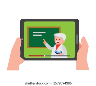 streaming video on tablet, education, online training course flat illustration vector