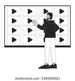 Streaming video service black and white cartoon flat illustration. Black man selecting channel on multimedia tv 2D lineart character isolated. Video library monochrome scene vector outline image