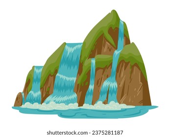 Streaming waterfall. Cartoon water cascade, mountain river waterfall landscape flat vector illustration. Wild nature waterfall