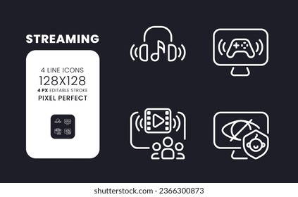 Streaming white linear desktop icons on black. Family-friendly programming. Online entertainment. Pixel perfect 128x128, outline 4px. Isolated interface symbols pack for dark mode. Editable stroke