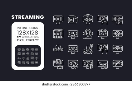 Streaming white linear desktop icons on black. Live video. Digital content. Broadcasting technology. Pixel perfect 128x128, outline 4px. Isolated interface symbols pack for dark mode. Editable stroke
