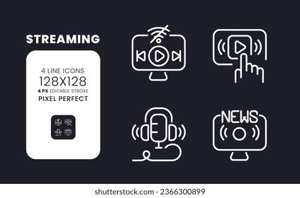 Streaming white linear desktop icons on black. Multimedia content. Online entertainment. Pixel perfect 128x128, outline 4px. Isolated interface symbols pack for dark mode. Editable stroke