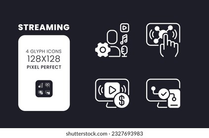 Streaming white solid desktop icons set. Live interactive content. Digital marketing. Smart TV. Pixel perfect 128x128, outline 4px. Symbols for dark theme. Glyph pictograms. Vector isolated images