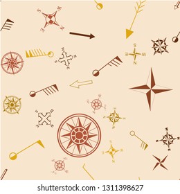 Streamless vector pattern with topographic  arrow and compass cons