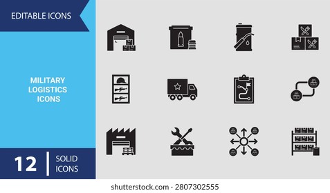 Streamline army deployment shipping with this military logistics solid icon set featuring heavy transport trucks storage warehouses and tactical defense supply distribution